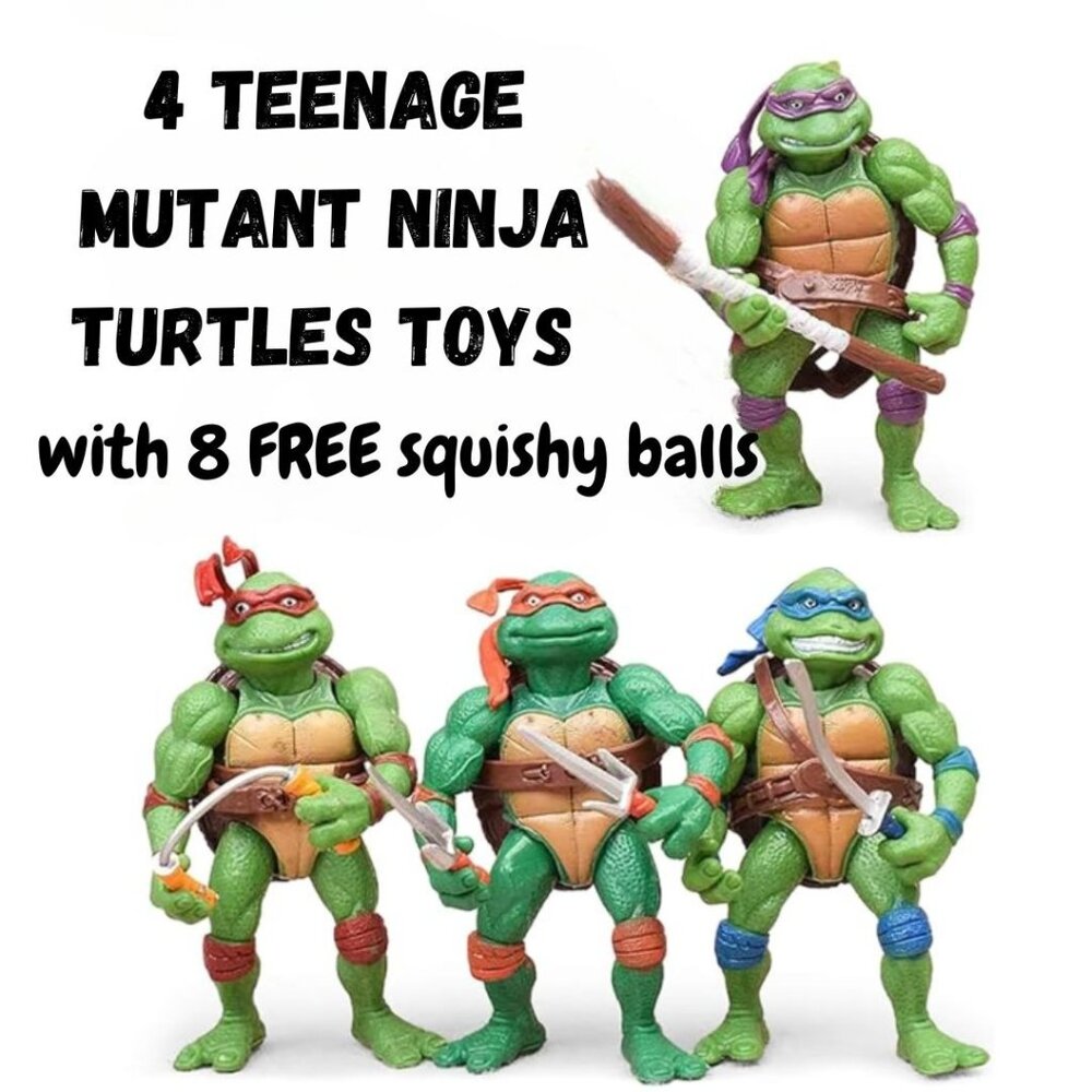 TEENAGE MUTANT NINJA TURTLES TOYS SET OF 4 WITH 8 FREE SQUISHY BALLS- NEW- GIFT